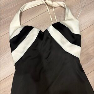 Cache Black and Cream Halter Satin Dress